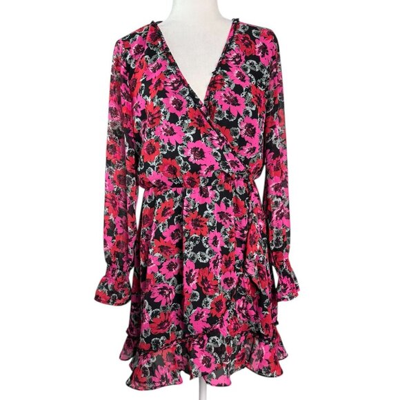 H&M Divided Red Fuchsia Pink Black Floral Faux Wrap Long Sleeve Dress Size M - Picture 2 of 10